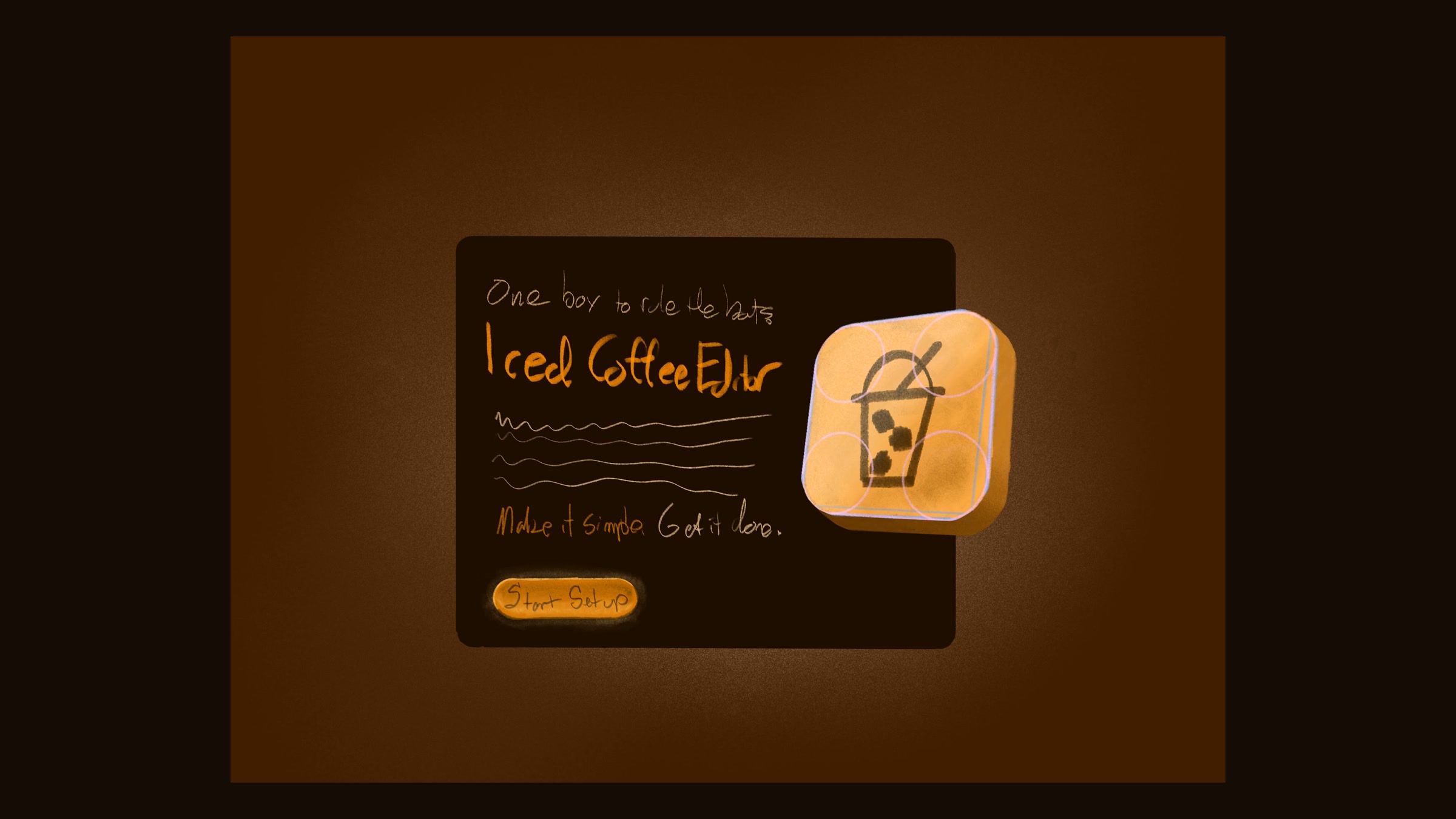 The first hand sketch of the IcedCoffee editor, with the icon floating beside it.