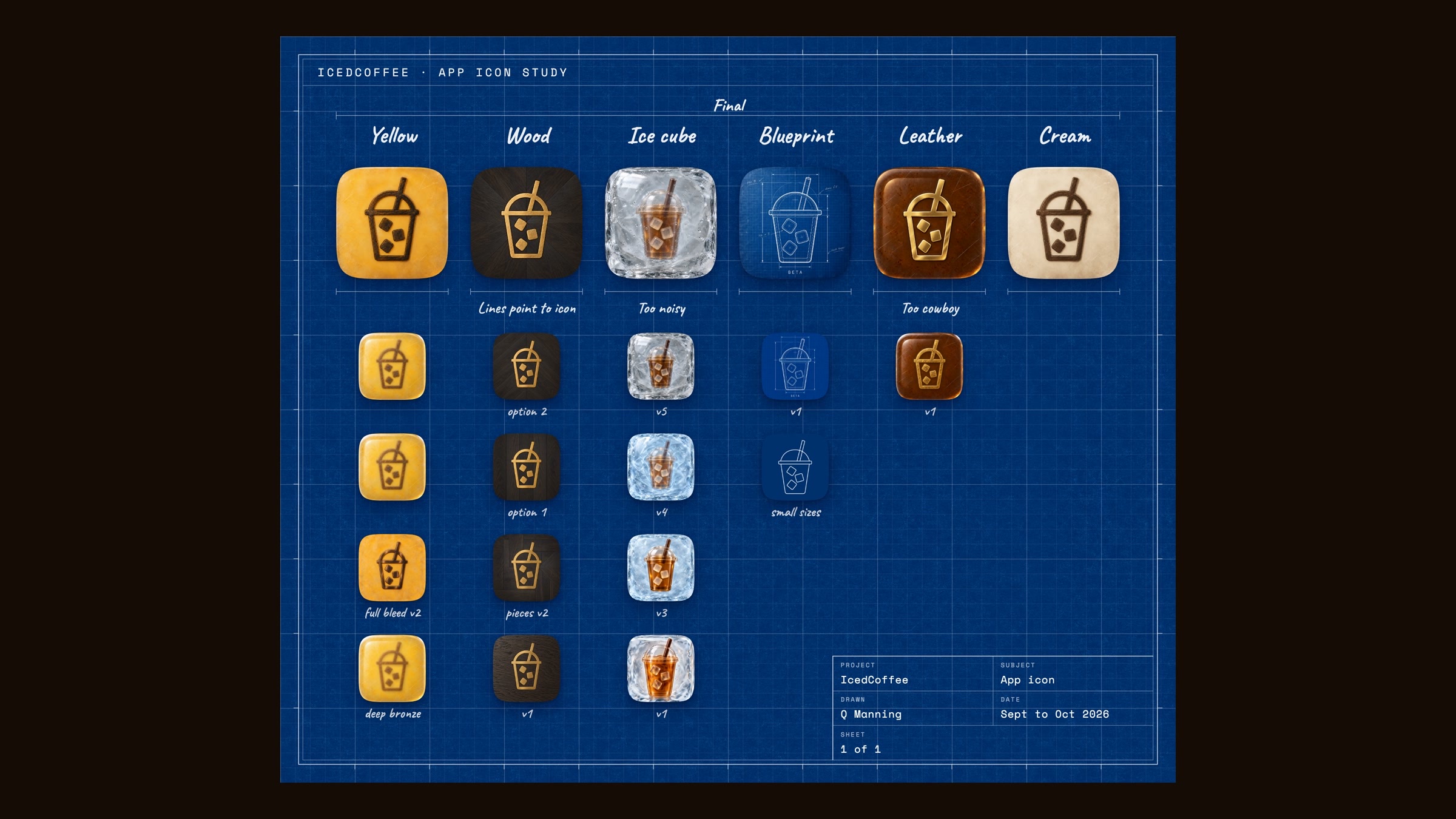 The app icon study sheet drawn as a blueprint, with six materials from yellow to cream.