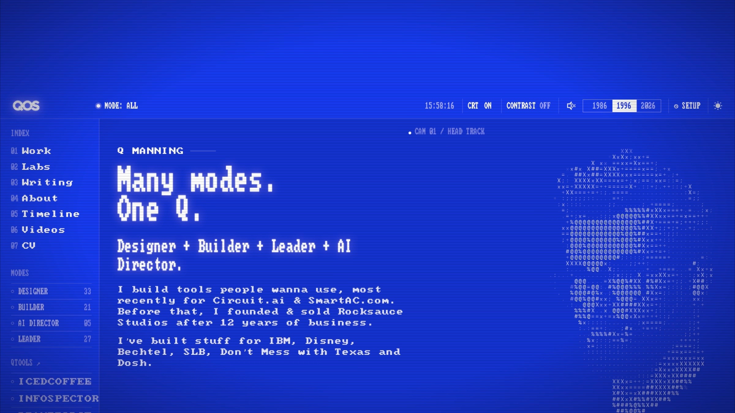 The QOS start page printing in on blue, line by line.
