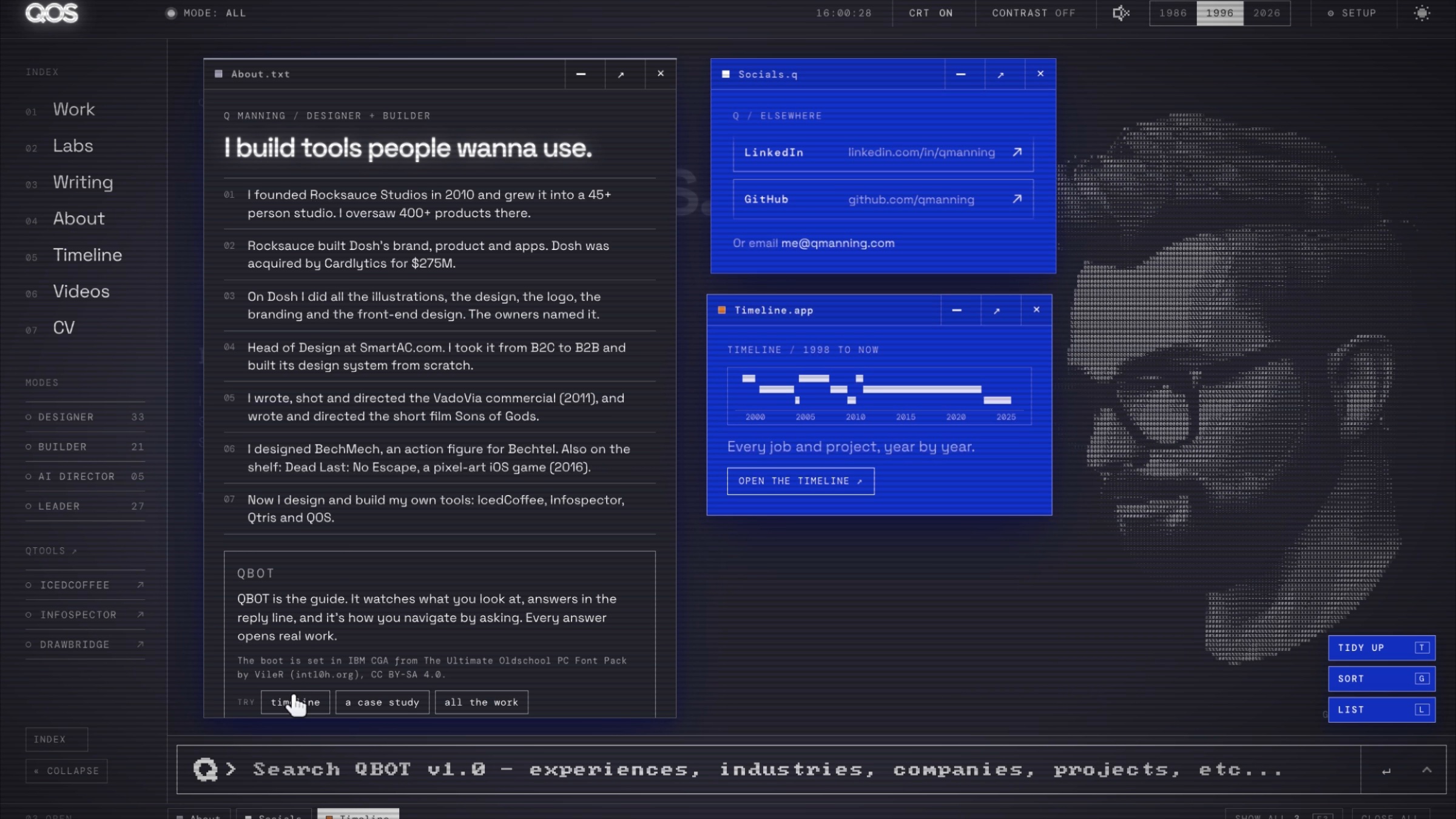 The dark About page with the ASCII face.