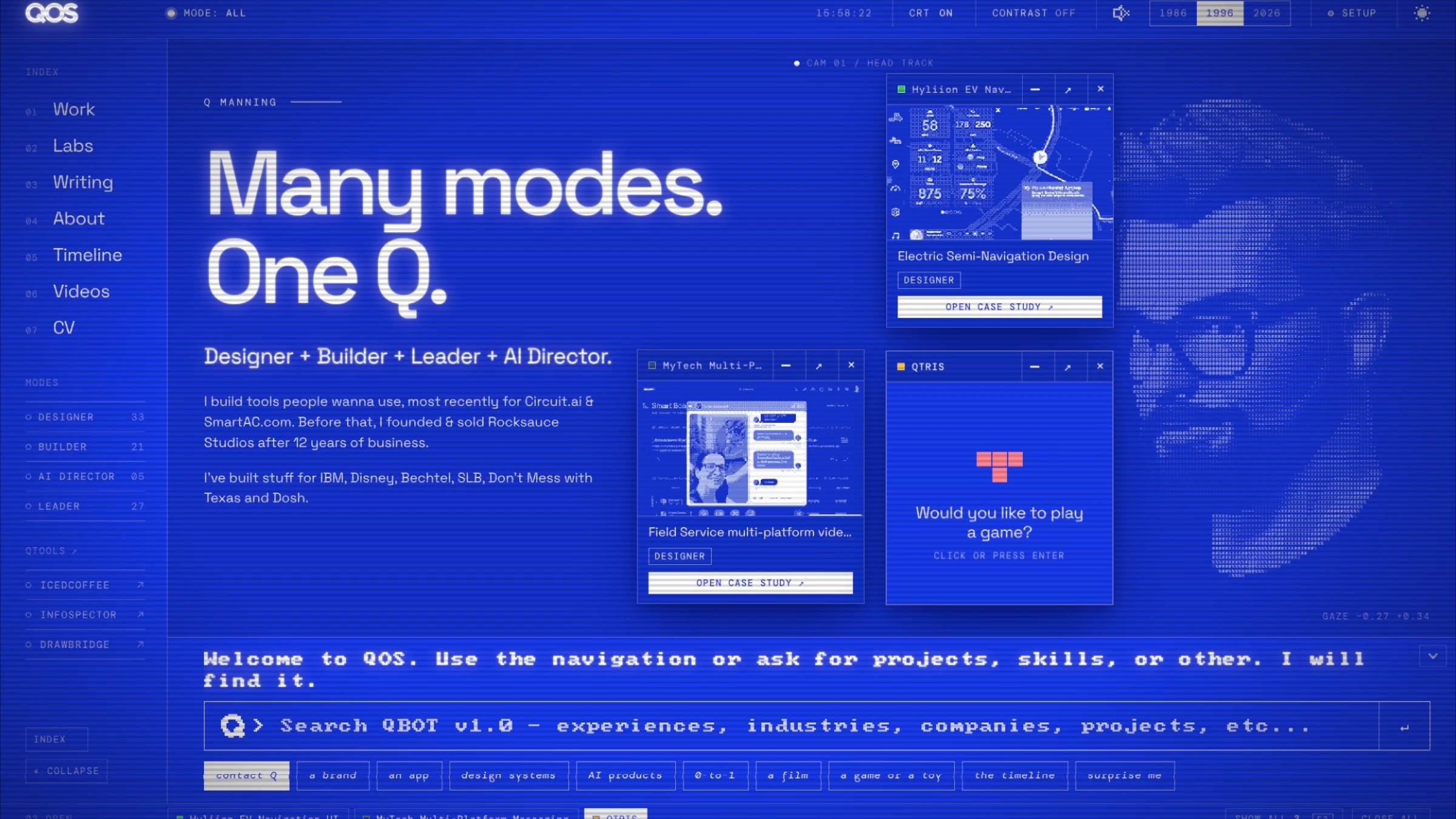 QOS in 1996 mode: the Many modes, One Q desktop with windows and the ASCII face.