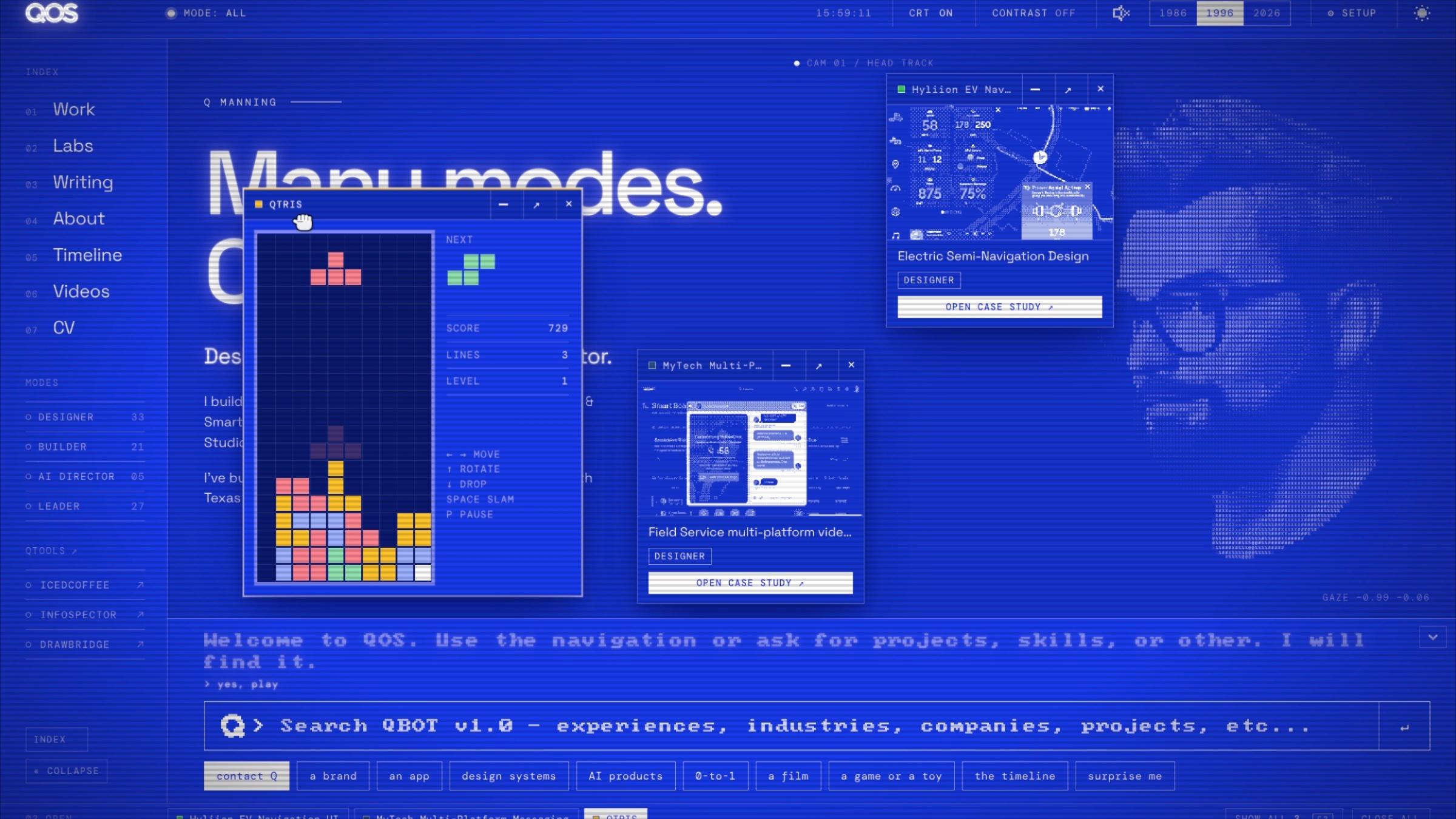 The Q.T.R.S. window mid-game on the 1996 desktop.