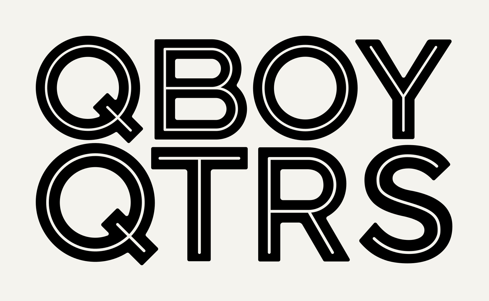 The QBOY and QTRS wordmarks in black outline letters on a light ground.