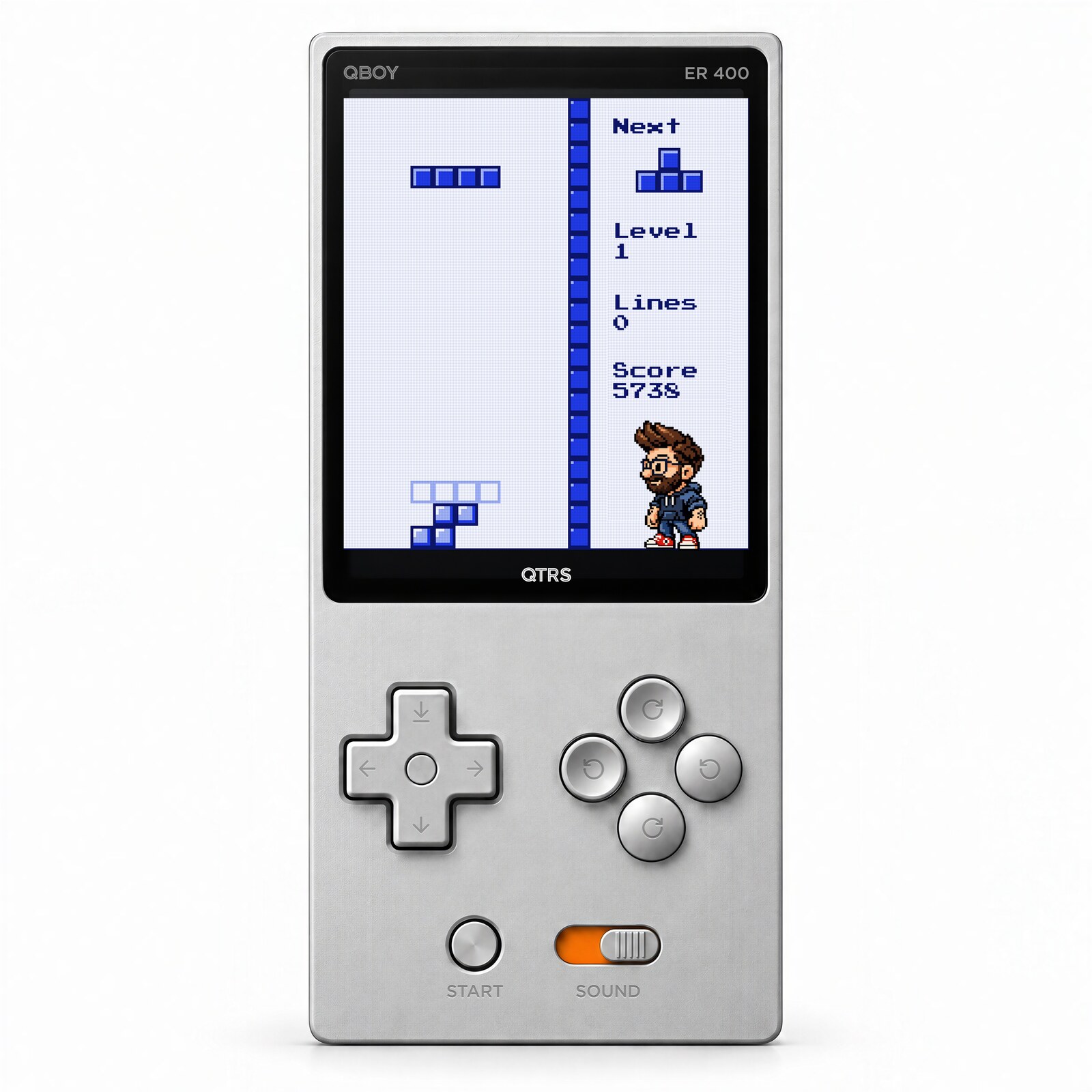 A render of the QBOY handheld in light grey plastic, with the game on its screen.