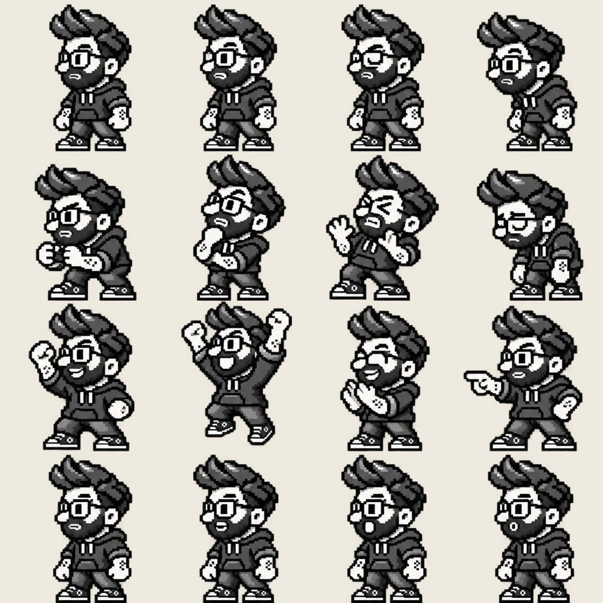 Two ChatGPT sprite sheets of Q in black and white, the first draft and the second. (v1)