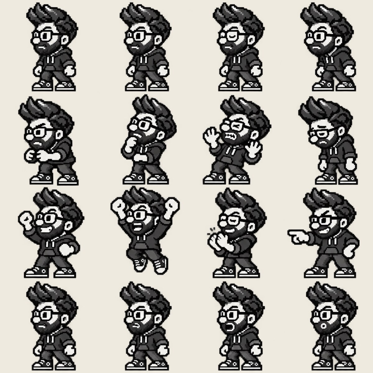 Two ChatGPT sprite sheets of Q in black and white, the first draft and the second. (v2)