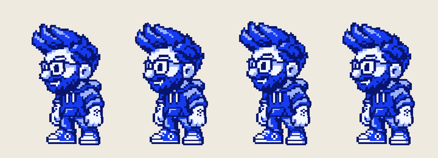 Four idle frames of the blue Q sprite used in the game.