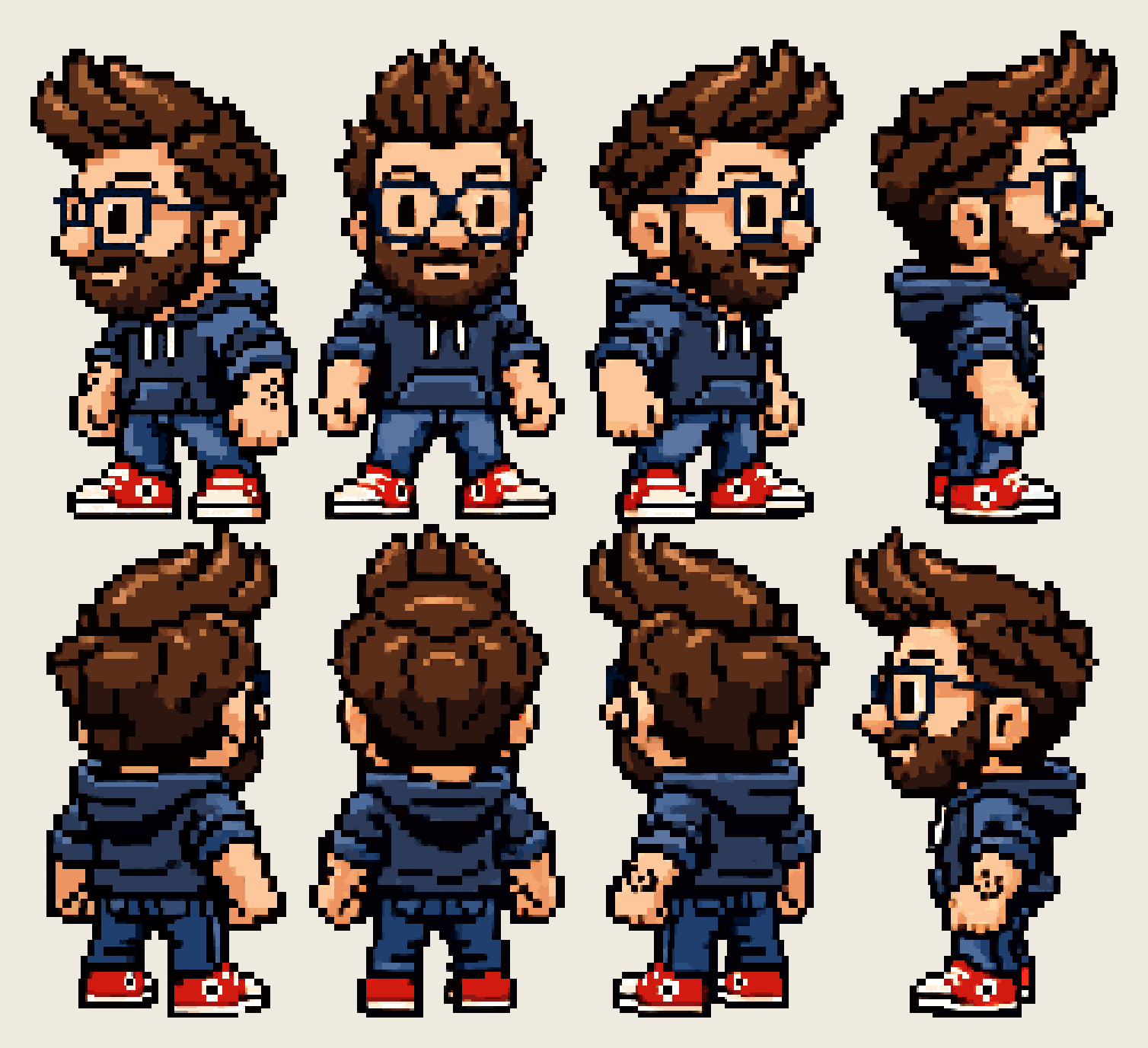 The PixelLab sprite of Q turning through eight directions, in a navy hoodie and red sneakers.