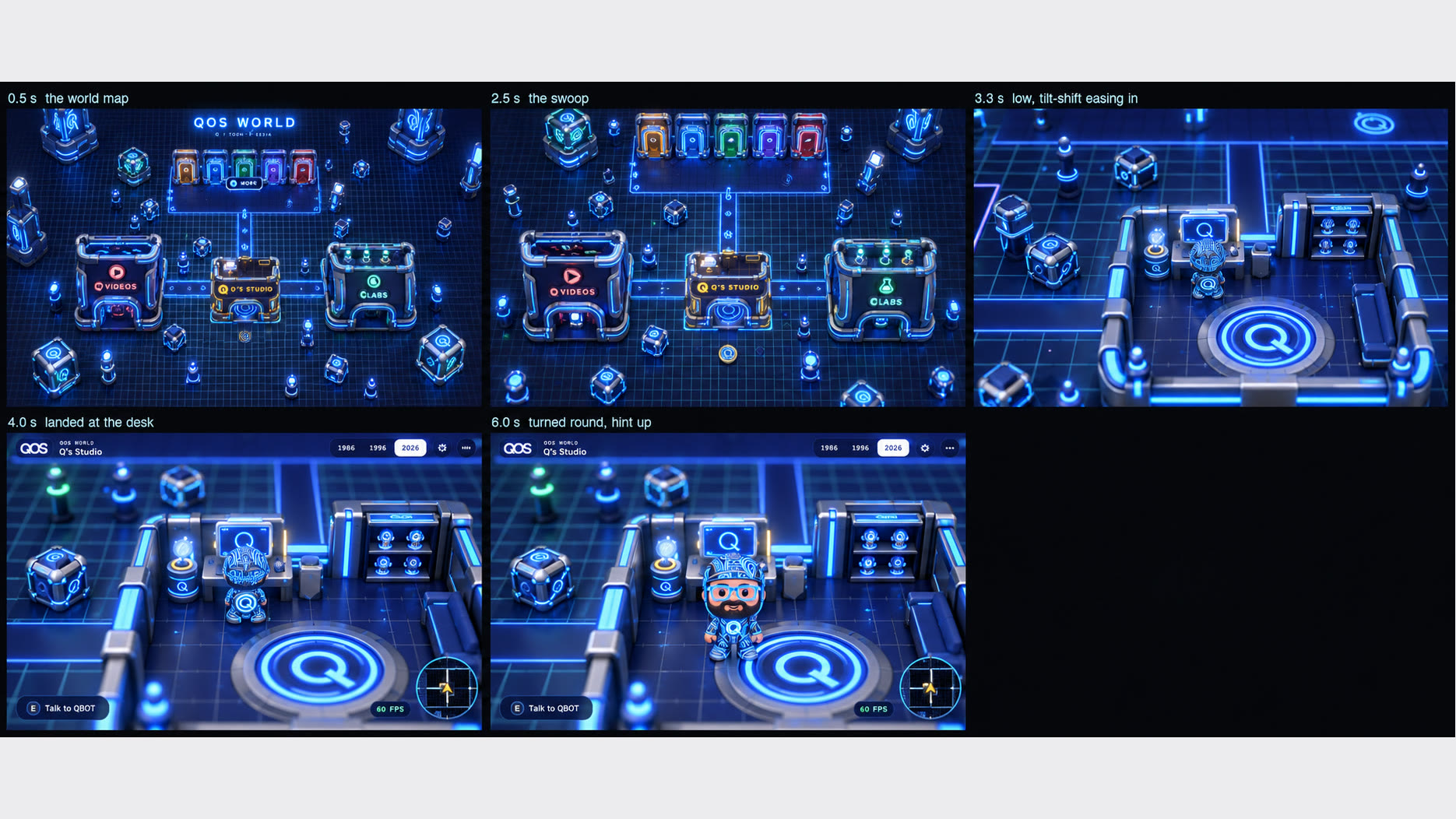 Five frames of the entrance over the glowing world: the world map, the swoop, a low tilt-shift ease in, landing at the desk, then turning round.