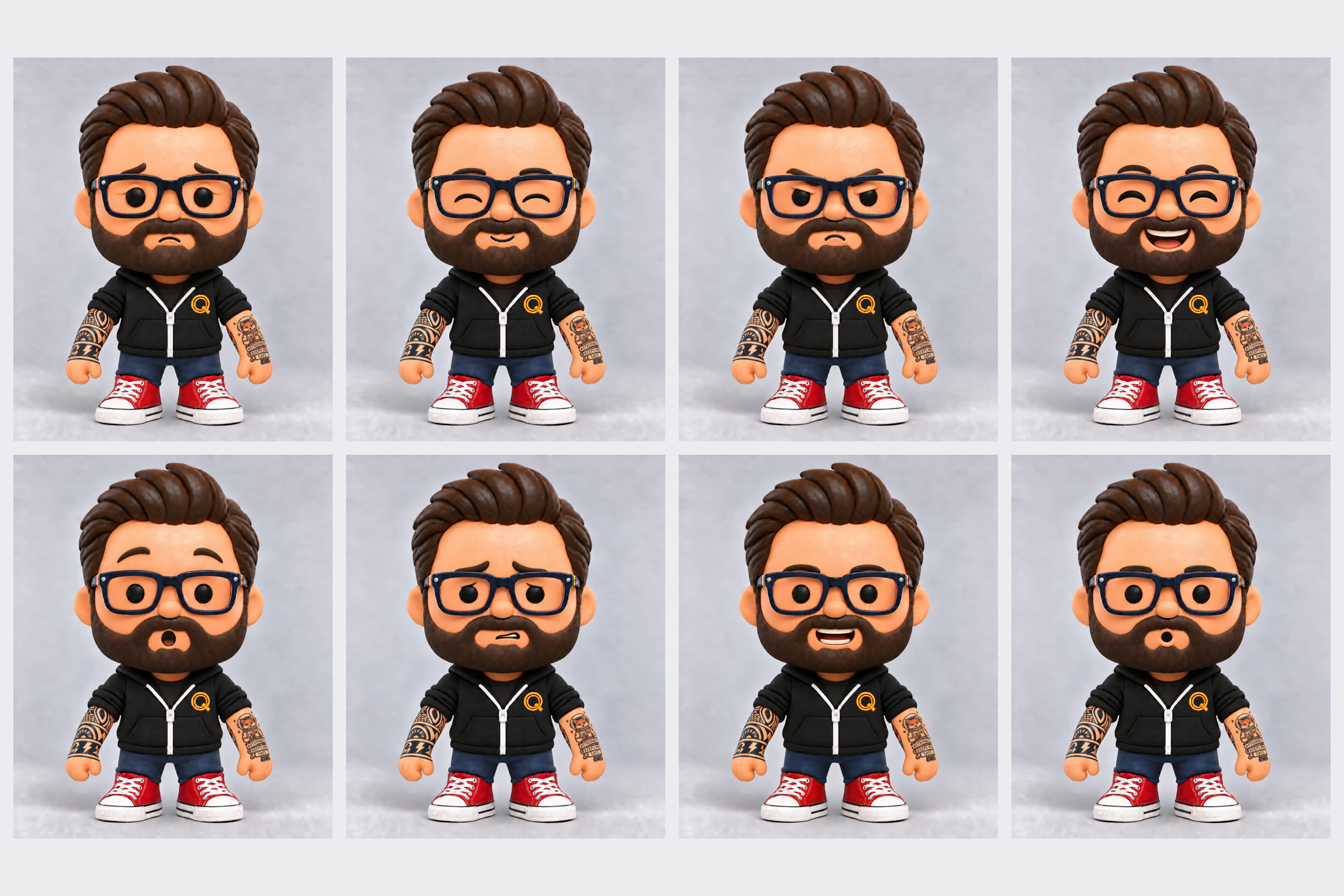 Eight faces of the Q doll: sad, a wink, angry, laughing, surprised, worried, a grin and mid-word.