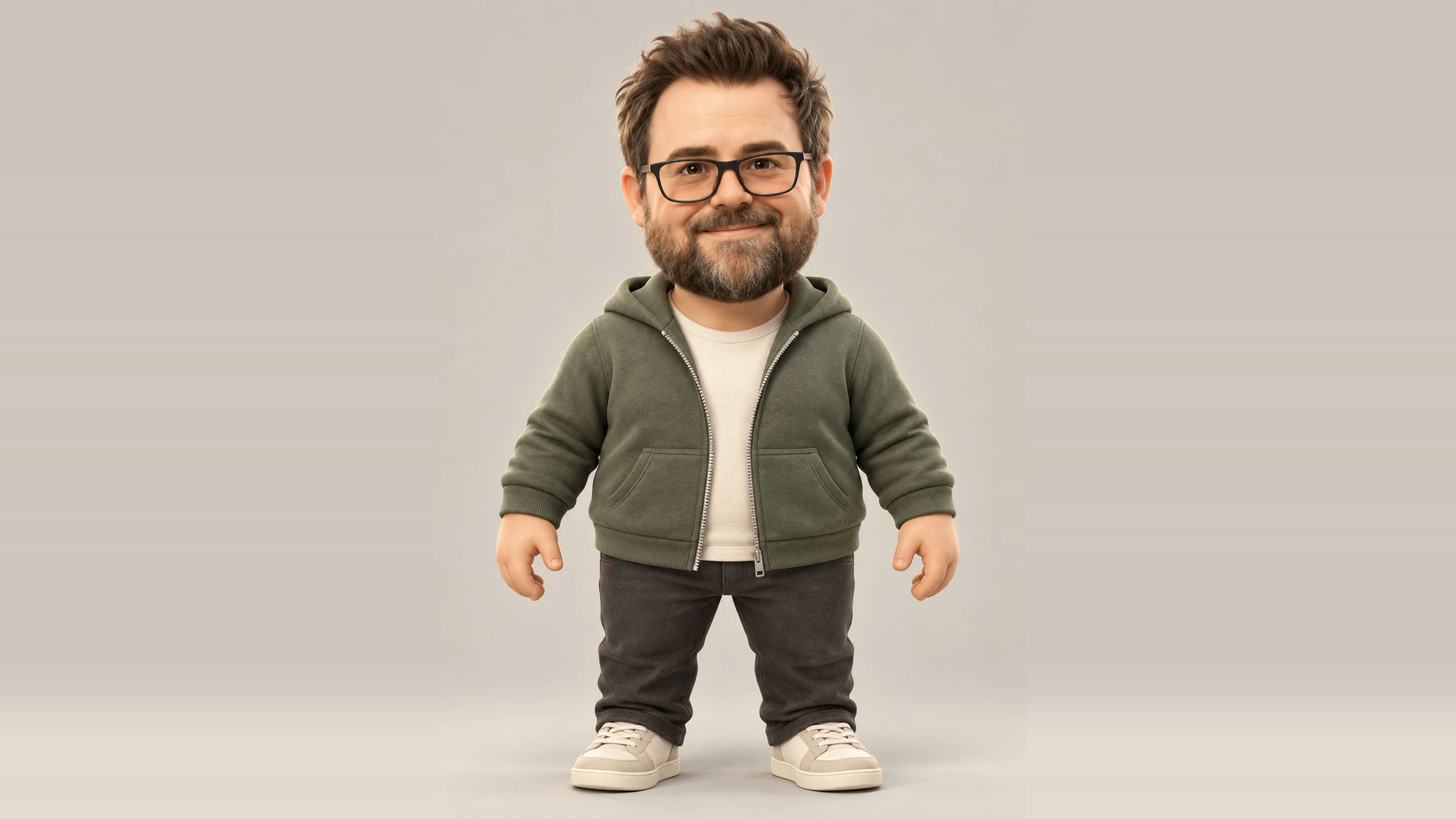 A realistic, rounder take on Q: a short man in a green zip hoodie, a cream T-shirt, dark jeans and sneakers.