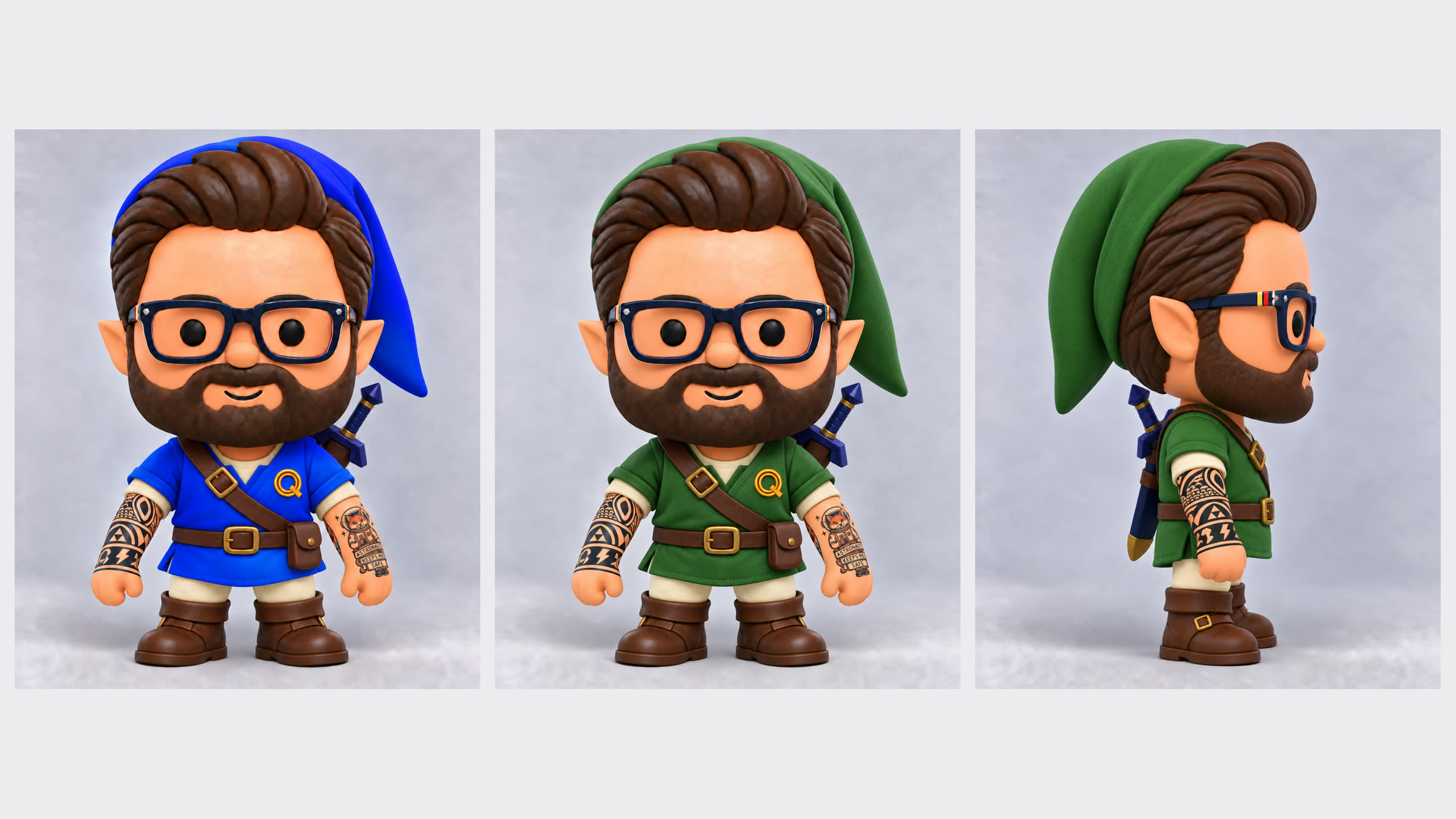 The Hero outfit in blue, then in green from the front and the side, each with a sword on his back.