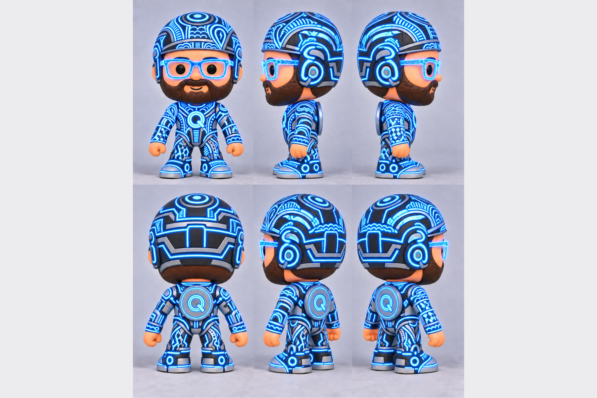 The Program suit turnaround: six views of the doll in a glowing blue patterned suit and helmet.