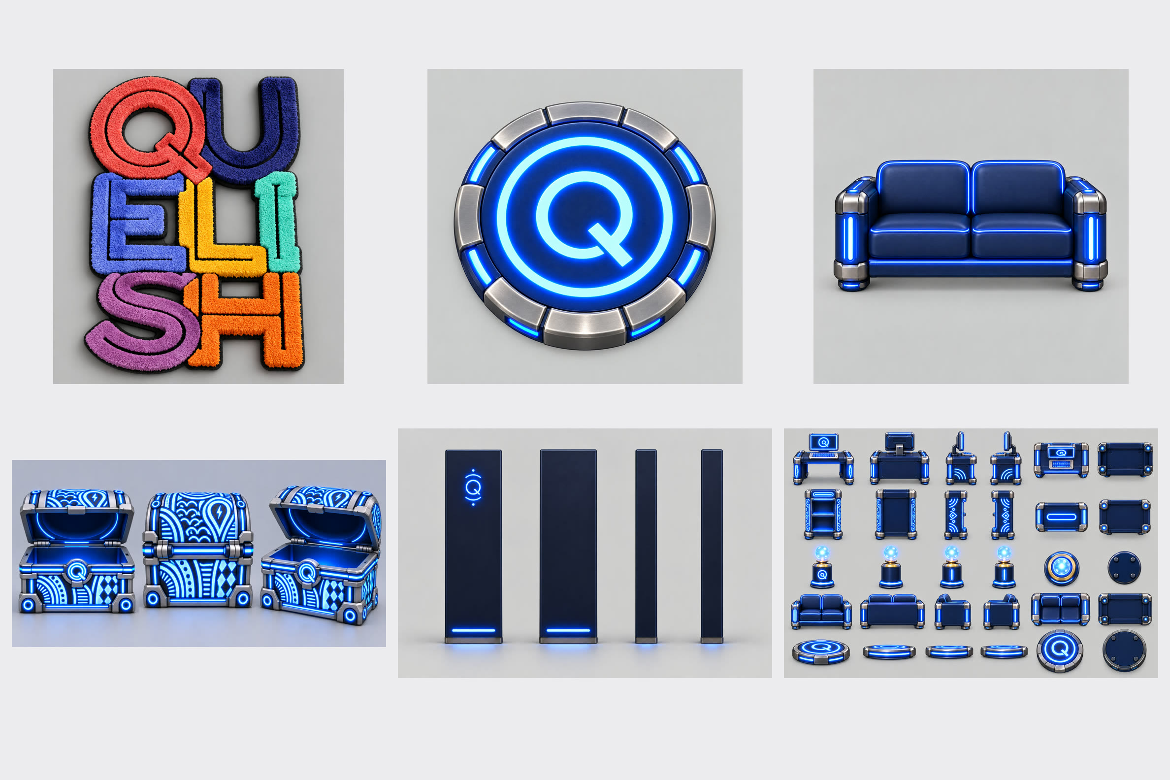 Props for the world: a Quelish rug, a glowing Q warp pad, a sofa, three loot chests, four pylons and a sheet of desks, lamps and pads.