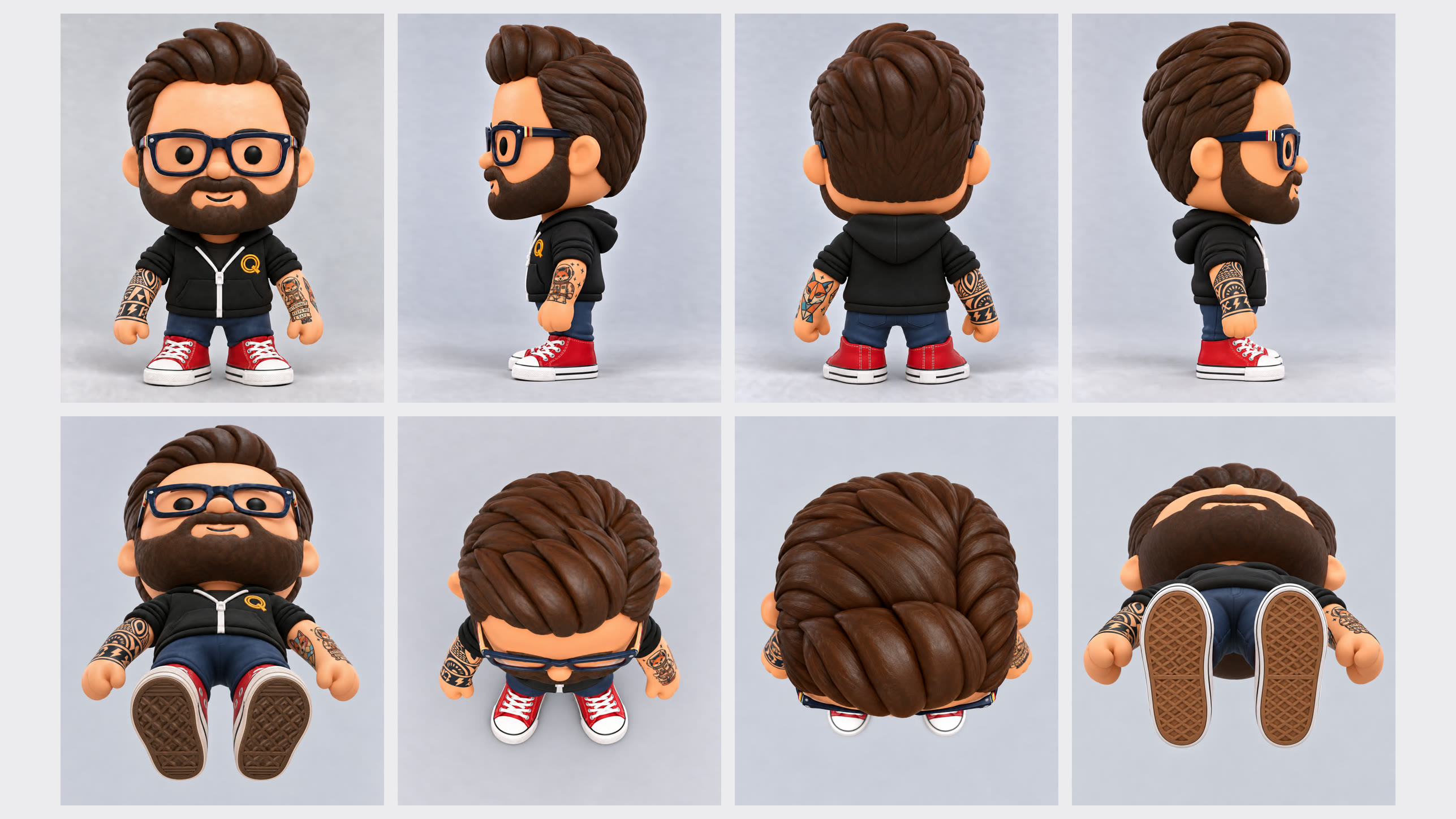 The Q doll from every side: front, both sides, back, from above, the top of his head and the soles of his shoes.