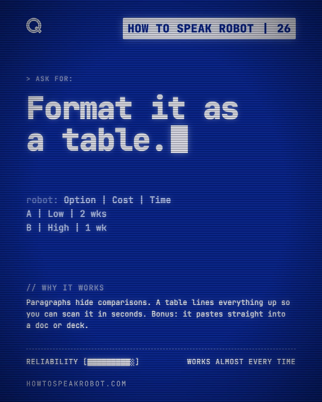 No. 26: Format it as a table.