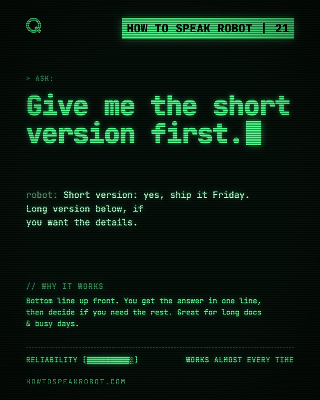 No. 21: Give me the short version first.
